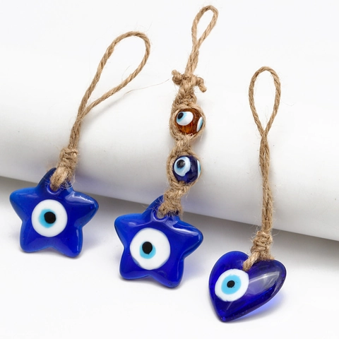 Türkischer Böser Blick Schlüsselanhänger Dunkelblau Glas Herz Stern Anhänger Handgefertigtes Hanfseil Auto Deko Nazar Amulett