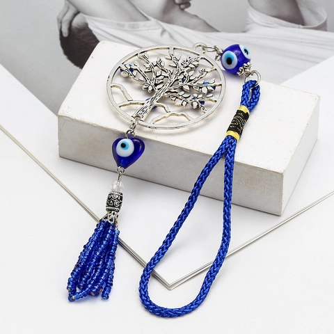 Portachiavi Albero Della Vita Malocchio Perlina In Vetro Blu Nappina Ornamento Pendente Protezione Casa Auto Donna Uomo