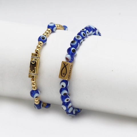 Religiöses Evil Eye Perlenarmband Für Damen Herren Gold Hamsa Hand Jesus Fisch Strass Glasperlen Amulett Schmuck