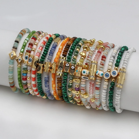 Turkish Style Copper Beaded Bracelet For Women Ethnic Evil Eye Hamsa Hand Rhinestone Inlaid Artificial Stone Elastic Hand Jewelry