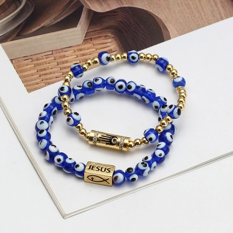 Religiöses Evil Eye Perlenarmband Für Damen Herren Gold Hamsa Hand Jesus Fisch Strass Glasperlen Amulett Schmuck