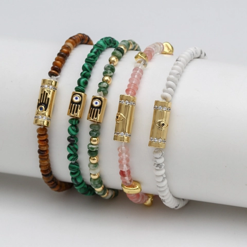Turkish Style Copper Beaded Bracelet For Women Ethnic Evil Eye Hamsa Hand Rhinestone Inlaid Artificial Stone Elastic Hand Jewelry