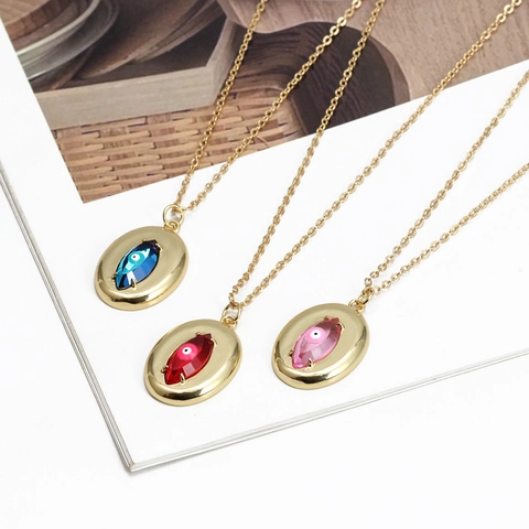 Boho Kupfer Böser Blick Anhänger Halskette Vergoldet Strass Ovaler Charm Box-Kette Modeschmuck Für Damen Dating Geschenk