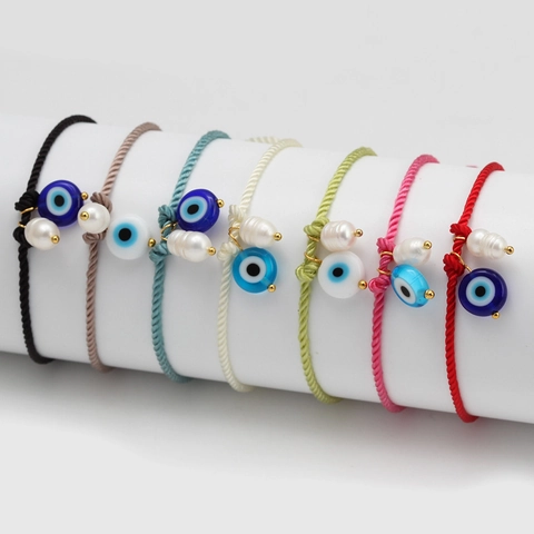 Handmade Woven Cord Evil Eye Bracelet With Artificial Baroque Pearl Adjustable Bohemian Style Lucky Protection Amulet Jewelry For Women Men