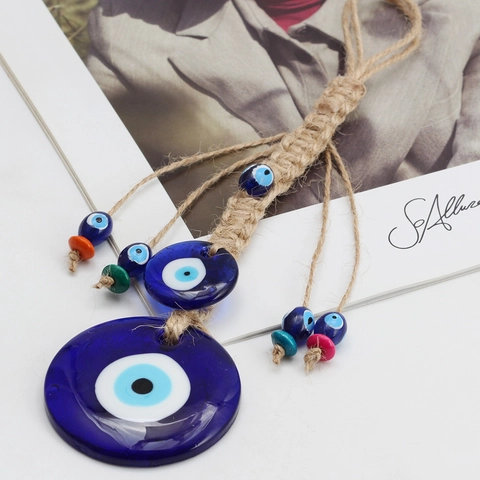 Ciondolo da Parete Turco in Vetro Malocchio Amuleto Nazar Con Corda di Canapa Boho Mano di Fatima Decorazione Casa