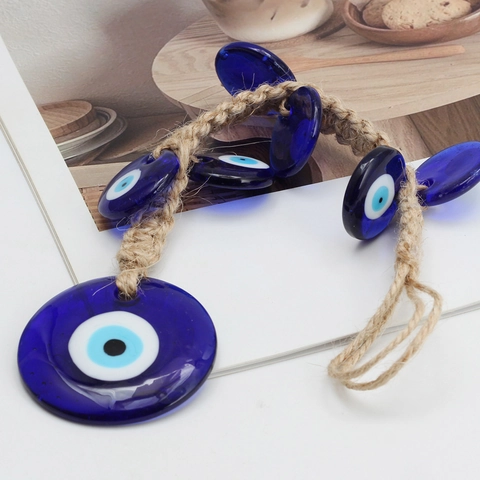 Handmade Glass Turkish Evil Eye Wall Hanging Ornament Deep Blue Nazar Protection Bead With Hemp Rope Car Mirror Accessory Home Decor