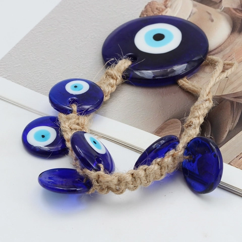Handmade Glass Turkish Evil Eye Wall Hanging Ornament Deep Blue Nazar Protection Bead With Hemp Rope Car Mirror Accessory Home Decor