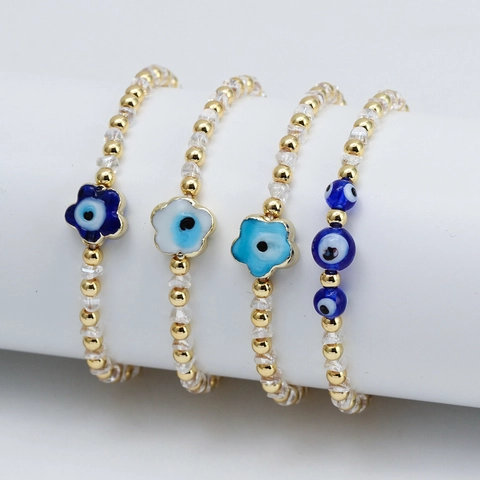 Böser Blick Perlenarmband Bohemian Vergoldetes Kupfer Kristall Schutzamulett Schmuck Damen Ethno-Stil Elastisches Armband