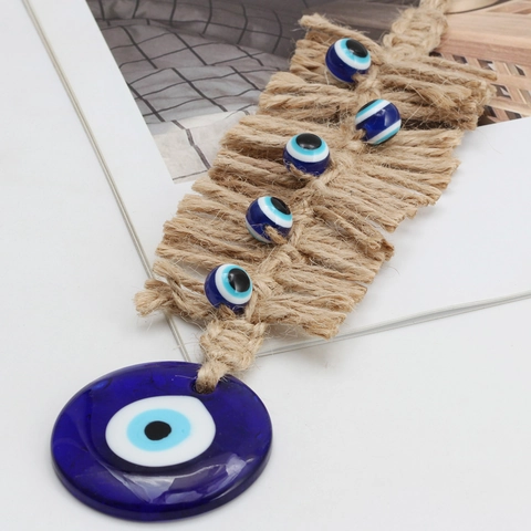 Decoración de Pared de Ojo Turco Hecha a Mano Vidrio Azul Nazar Amuleto Protección Cuerda de Cáñamo Tejida Hogar Coche Oficina Adorno Colgante
