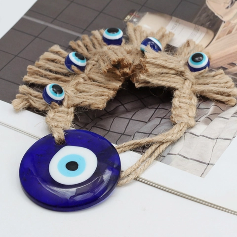 Decoración de Pared de Ojo Turco Hecha a Mano Vidrio Azul Nazar Amuleto Protección Cuerda de Cáñamo Tejida Hogar Coche Oficina Adorno Colgante
