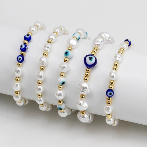 Bohemian Evil Eye Beaded Bracelet Accessory Baroque Style Plastic Artificial Pearl Copper Gold Color Elastic Jewelry For Women Daily Vacation