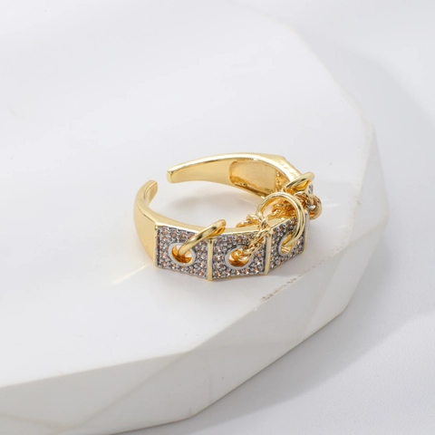 Industrial Punk Geometric Interlocking Circles Open Ring Copper Zircon Micro Pave Chain Link Adjustable Rings For Women