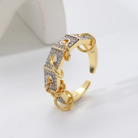 Industrial Punk Geometric Interlocking Circles Open Ring Copper Zircon Micro Pave Chain Link Adjustable Rings For Women