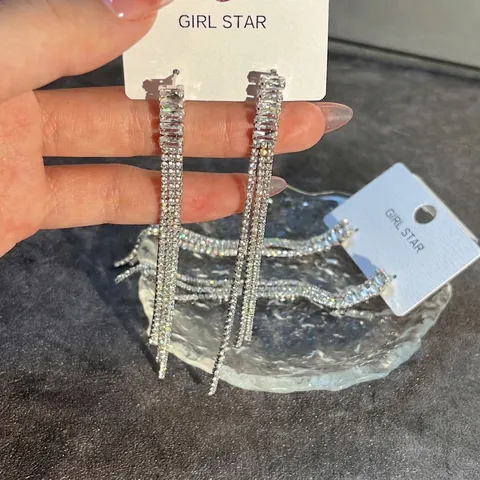 Vintage Luxurious Cubic Zirconia Long Tassel Drop Earrings For Women Rose Gold Geometric Bridal Wedding Banquet Party Jewelry