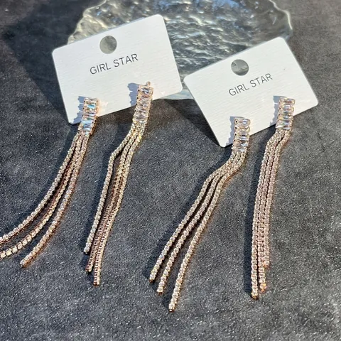 Vintage Luxurious Cubic Zirconia Long Tassel Drop Earrings For Women Rose Gold Geometric Bridal Wedding Banquet Party Jewelry