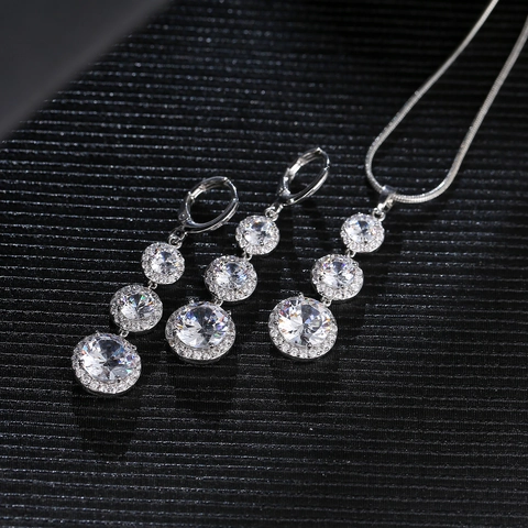 Elegant Alloy Zirconia Pendant Necklace For Women Three Round Halo Graduated Design Jewelry Necklace And Earrings