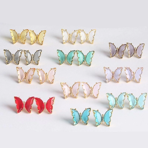 Élégantes Boucles d'Oreilles Clous Papillon en Verre pour Femmes Alliage de Cuivre Incrusté de Strass Style Mori Bijoux Minimalistes