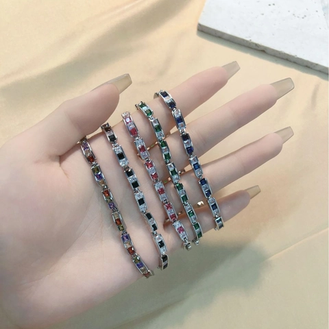 Women Brass Zirconia Tennis Bracelet Elegant Square Cut Sparkling Gemstone Bangle Fashion Jewelry Anniversary Wedding Gift
