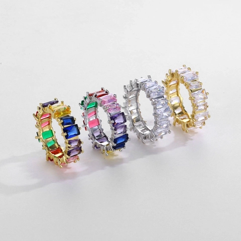 Hip Hop Rectangular Cubic Zirconia Eternity Ring For Women Copper Gold Silver Plated Rainbow Clear CZ Band Fashion Jewelry