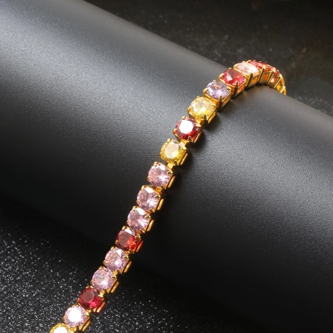 Mode Kleurrijke Zirkonia Tennis Armband Voor Vrouwen Koper Verguld Regenboog Ronde Snit AAA Ingelegde Zirkon Armband Sieraden