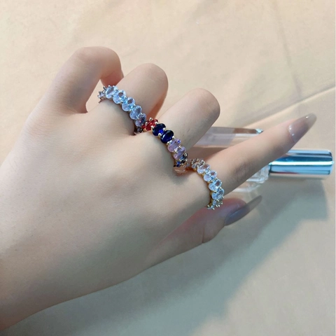 Oval Zirconia Eternity Ring Copper Gold Silver Plated Rainbow Multicolor Sparkling Band For Women Fashion Jewelry Gift