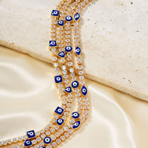 Collar de Cadena de Tenis de Cobre con Circonia y Ojo Turco para Mujer Bañado en Oro Plata Amuleto de Protección Nazar Colgante de Corazón Cuadrado Redondo Joyería