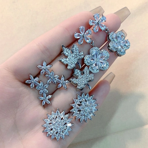 Élégantes Boucles d'Oreilles Clous en Cuivre Zirconium Forme Larme Tournesol Feuille d'Érable Boucles d'Oreilles Incrustées pour Femmes Bijoux Accessoires Cadeau