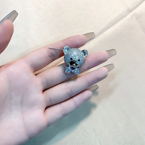 Luxury Copper Zirconia Teddy Bear Stud Earrings For Women Shiny Rhinestone Animal Shape Silver Personality Jewelry