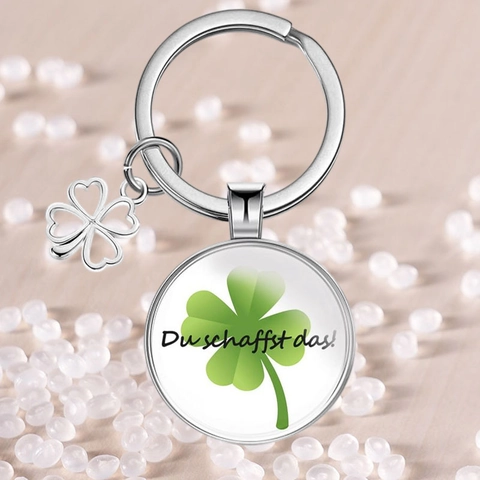 Du Schafst Das Duitse Tekst Sleutelhanger Klavertje Vier Geluksbrenger Glazen Cabochon Afstuderen Feest Metalen Sleutelring Cadeau