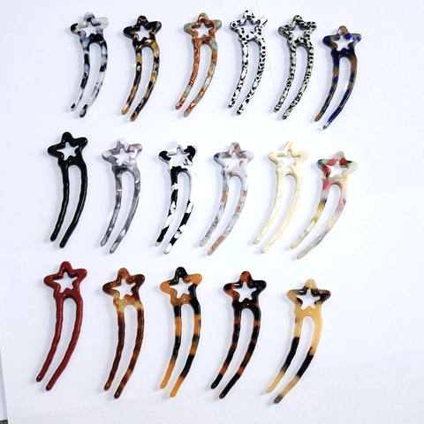 Acetaat Opengewerkte Ster U-Vormige Haarpriem Vintage Oosterse Stijl Haarnald Knotmaker Tool Voor Vrouwen Haaraccessoires