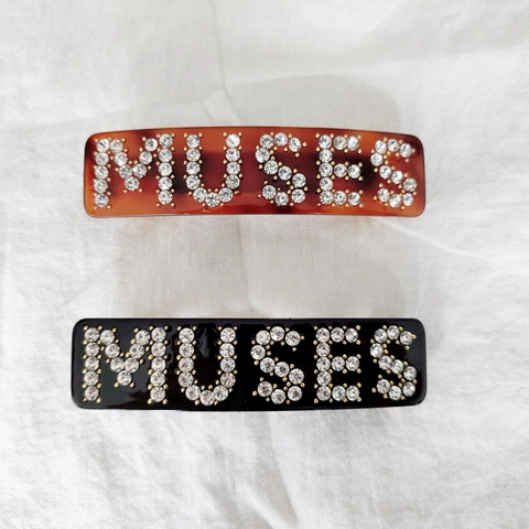 Barrette à Cheveux en Acétate avec Strass Lettre MUSES Élégante Écaille de Tortue Noir Épingle à Cheveux Femme Accessoire