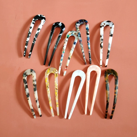 French Minimalist U-Shaped Cellulose Acetate Hair Stick Tortoise Shell Marble Pattern Hairpin For Women Daily Updo Styling Tool Accessory