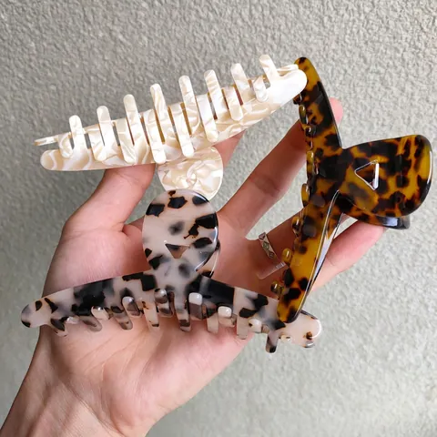 Pinza para el Cabello Grande de Acetato de Celulosa Francés Vintage para Mujer Clip de Tiburón con Estampado de Leopardo y Mármol Elegante