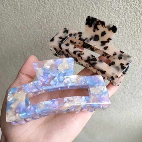 Pinza para el Cabello Cuadrada Grande de Acetato de Celulosa Vintage Patrón Leopardo Mármol Pinza de Tiburón Francesa Moda