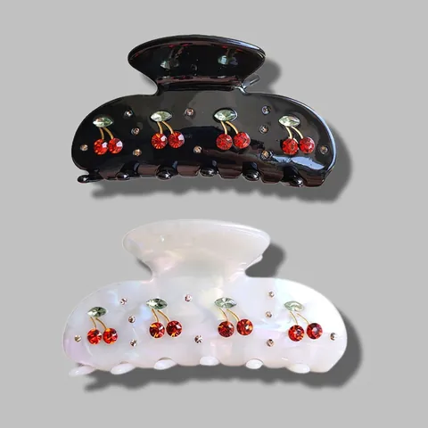 Pinza para el Cabello de Acetato con Cereza y Strass Estilo Francés para Mujer Elegante Irisado Negro Accesorio de Pelo