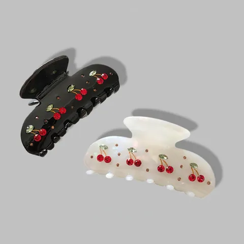 Pinza para el Cabello de Acetato con Cereza y Strass Estilo Francés para Mujer Elegante Irisado Negro Accesorio de Pelo