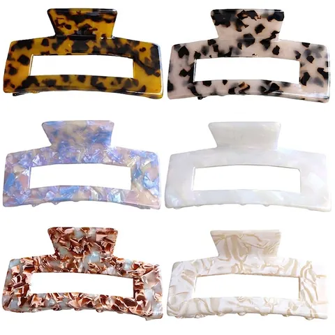 Pinza para el Cabello Cuadrada Grande de Acetato de Celulosa Vintage Patrón Leopardo Mármol Pinza de Tiburón Francesa Moda