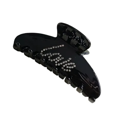 Elegante Haarklem Van Celluloseacetaat Franse Stijl Zwart Met Strass Ingelegd Letter Shark Clip Voor Dames Haaraccessoires