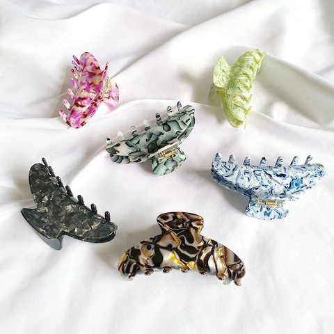 Pince à Cheveux Large en Acétate Vintage Français pour Femmes Texture Marbrée Florale Clip Requin Rétro Élégant
