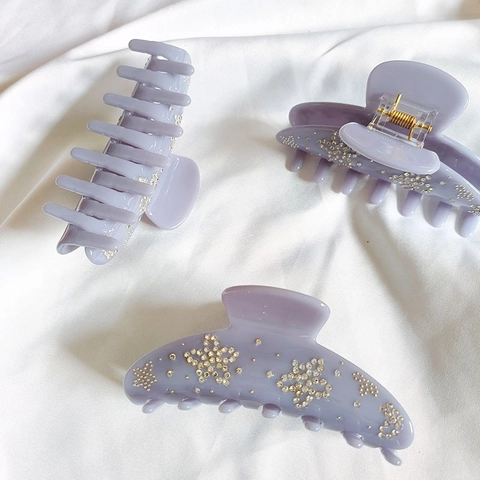French Taro Purple Acetate Hair Claw Clip Rhinestone Flower Star Pattern Elegant Shark Clip For Women Styling Accessory