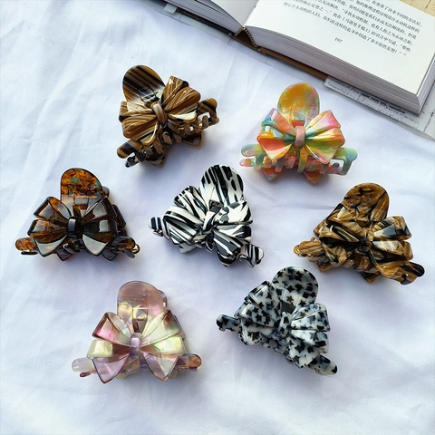 French Vintage Acetate 3D Bow Hair Claw Clip Elegant Marble Pattern Leopard Print Shark Hair Clip For Women Hair Accessories