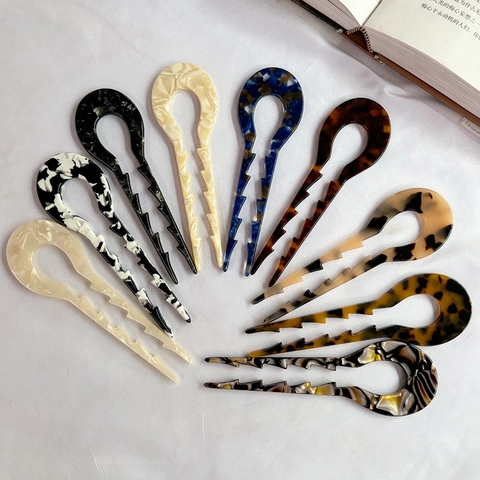 Horquilla de Pelo Vintage de Acetato de Celulosa en Forma de U para Mujer Varilla de Pelo Antideslizante para Fijación de Moño Patrón Carey Mármol