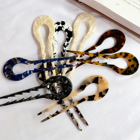 Horquilla de Pelo Vintage de Acetato de Celulosa en Forma de U para Mujer Varilla de Pelo Antideslizante para Fijación de Moño Patrón Carey Mármol