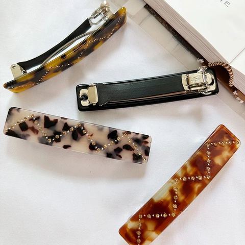 Pinza para el Cabello Rectangular de Acetato de Estilo Francés Vintage Con Clip de Resorte de Carey de Diamantes Elegante Tocado Mujer