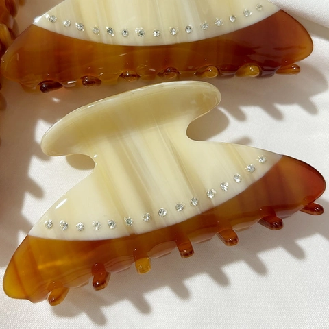 French Style Acetate Hair Claw Clip Spliced Marble Pattern Rhinestone Shark Clip High End Hair Accessories For Women