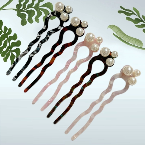 Frans Elegant Acetaat U-Vorm Haarstokje Met Imitatieparel Vintage Golf Haarpin Voor Vrouwen Zoete Haaraccessoires