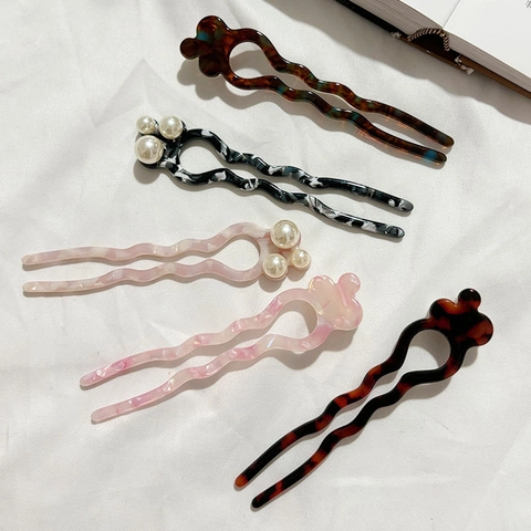 Frans Elegant Acetaat U-Vorm Haarstokje Met Imitatieparel Vintage Golf Haarpin Voor Vrouwen Zoete Haaraccessoires