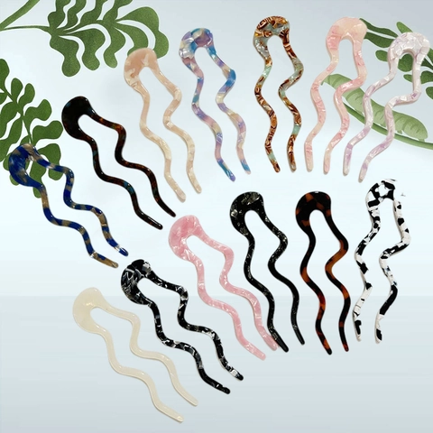 Vintage Acetaat Golf U-Vormige Haarvork Gemarmerd Patroon Elegante Knot Haarstok Voor Vrouwen Dagelijks Bruiloft Haaraccessoires