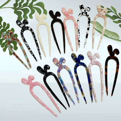 Pic à Cheveux en Forme de U en Acétate Oreilles de Lapin Style Français Motif Marbré Épingle à Cheveux Femme Accessoires Cheveux