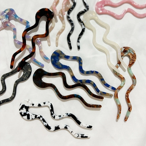 Vintage Acetaat Golf U-Vormige Haarvork Gemarmerd Patroon Elegante Knot Haarstok Voor Vrouwen Dagelijks Bruiloft Haaraccessoires
